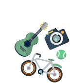 guitar, camera, and bicycle