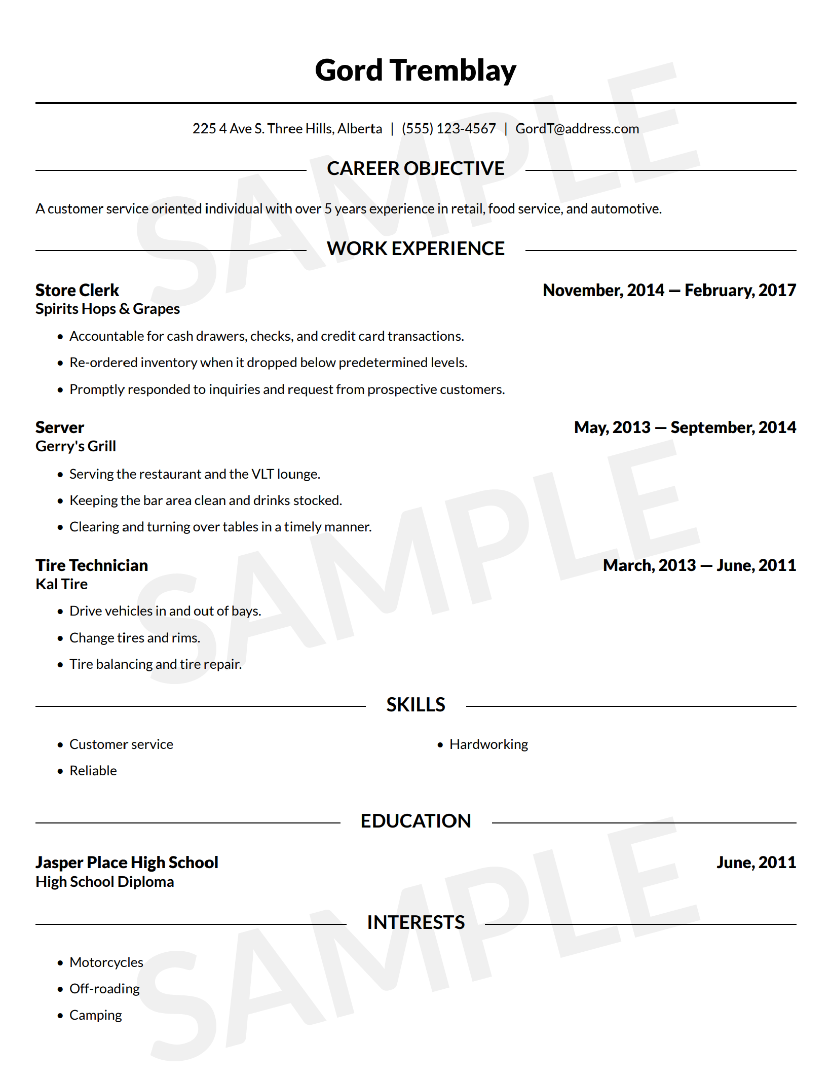 sample of resume for job application in canada